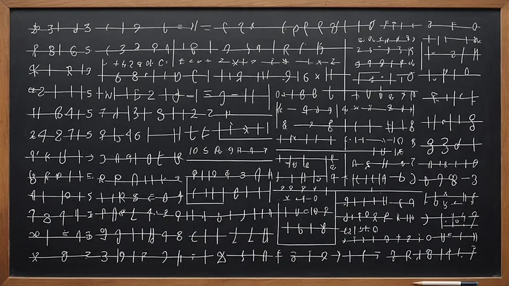 Chalkboard filled with equations relating to number theory and prime numbers.