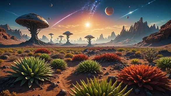 A breathtaking landscape showcasing vibrant flora on an alien planet.