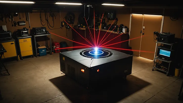 An experimental setup demonstrating sound waves creating light in a garage environment.