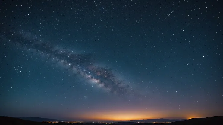 An eye-level view of a distant galaxy cluster shining brightly against the vast emptiness of space.